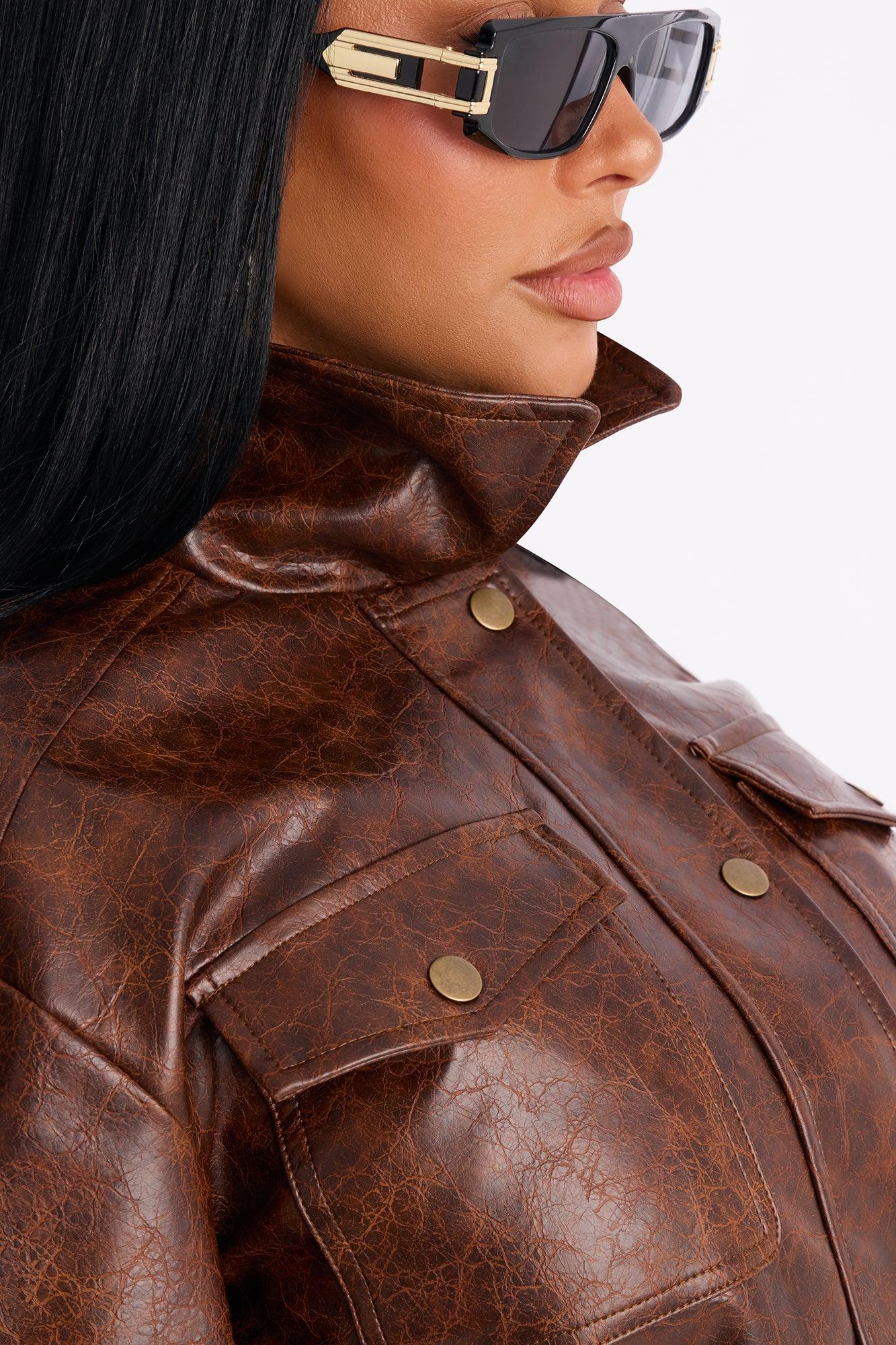 Solene Washed Faux Leather Trucker Jacket - Brown Female Product Image