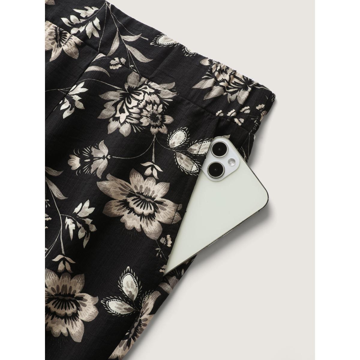 Plus Size Silhouette Floral Print Wide-Leg Pants Women BlackFlower Office Wide Leg Mid Rise Office Pants BloomChic 10/M Product Image