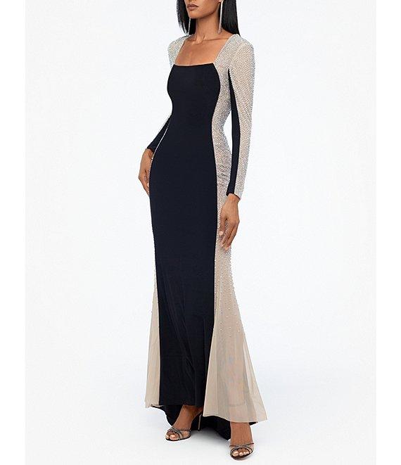 Xscape Caviar Beaded Mesh Panel Long Sleeve Contrast Matte Jersey Square Neck Sheath Gown Product Image