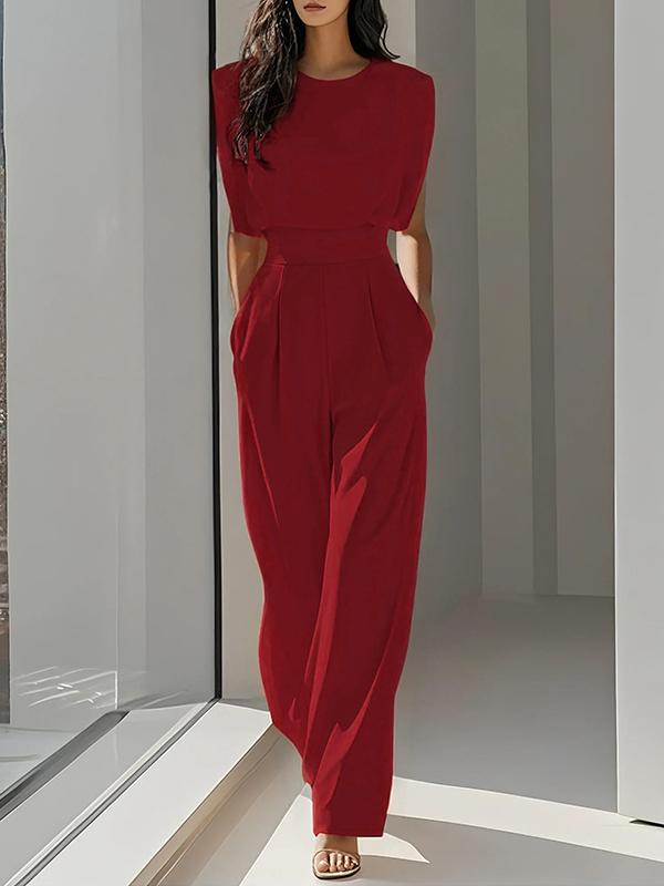 Loose Pleated Solid Color Split-Joint Round-Neck Jumpsuits Product Image