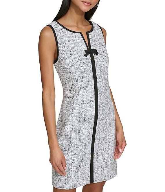 KARL LAGERFELD PARIS Speckled Jacquard Split V Neck Sleeveless Contrast Trim Bow Shift Mini Dress Product Image