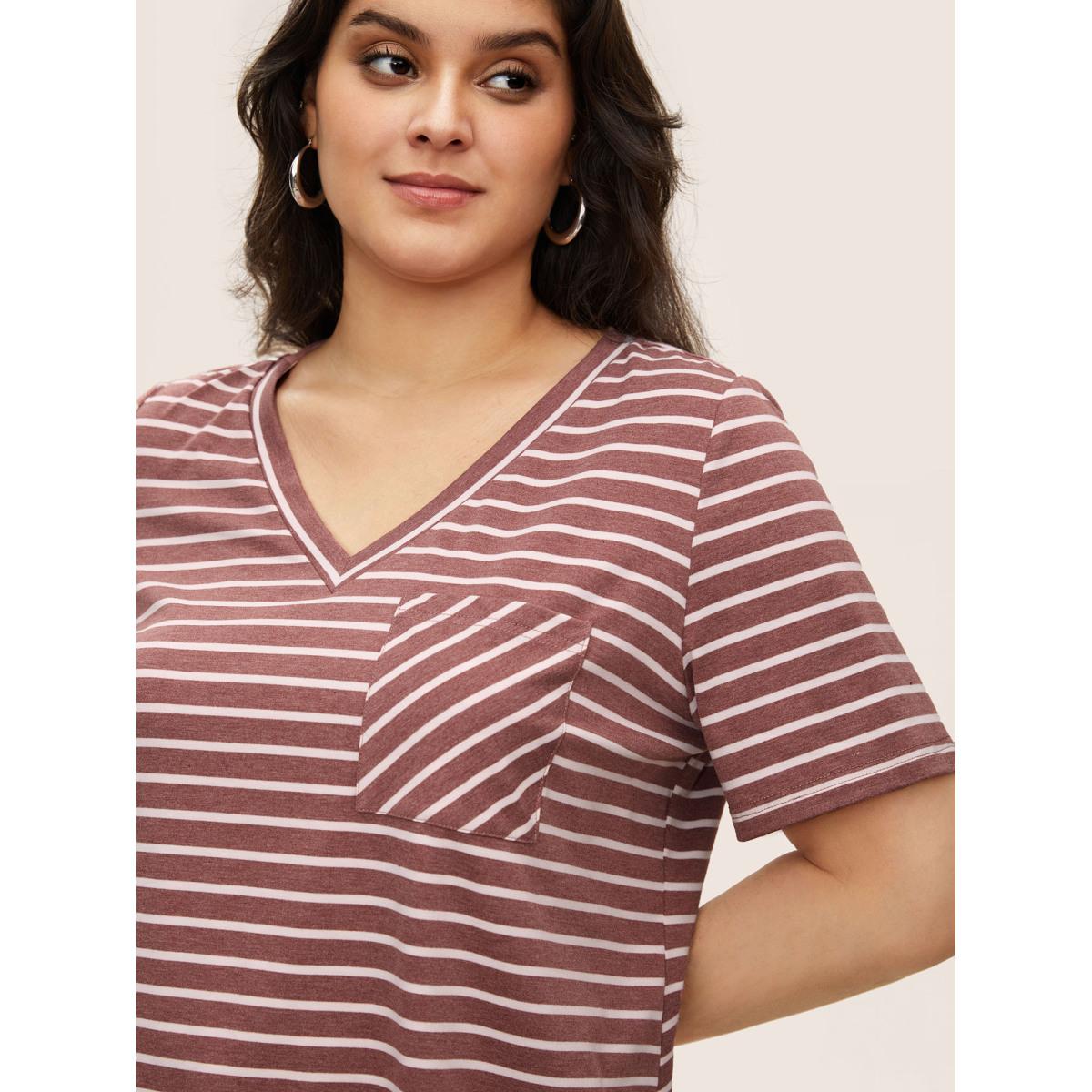 Plus Size Striped V Neck Patch Pocket T-shirt Russet Women Casual Contrast V-neck Everyday T-shirts BloomChic 14-16/1X Product Image