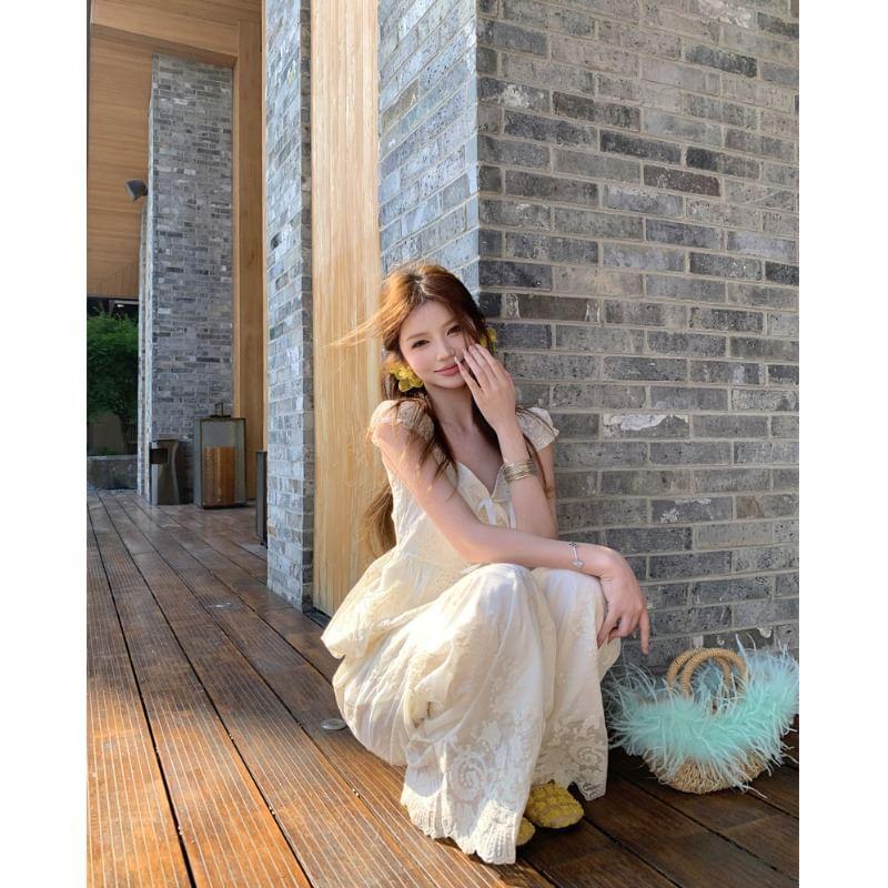 Cap Sleeve Sweetheart Neck Plain Bow Embroidered Eyelet Blouse / High Waist Wide Leg Pants Product Image
