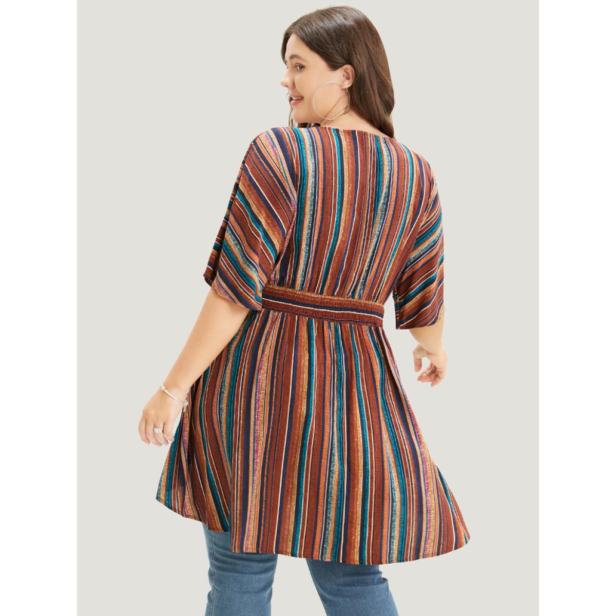 Plus Size DarkBrown Striped Contrast Shirred Wrap High Low Hem Pocket Blouse Women Vacation Short sleeve V-neck Vacation Blouses BloomChic 30/6X Product Image