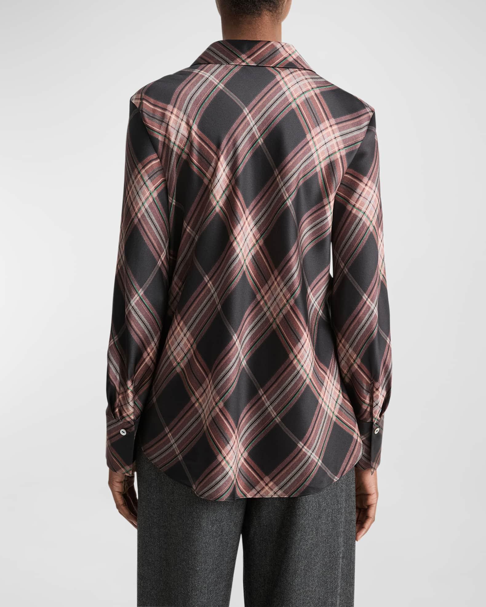 Long-Sleeve Plaid Silk Blouse Product Image