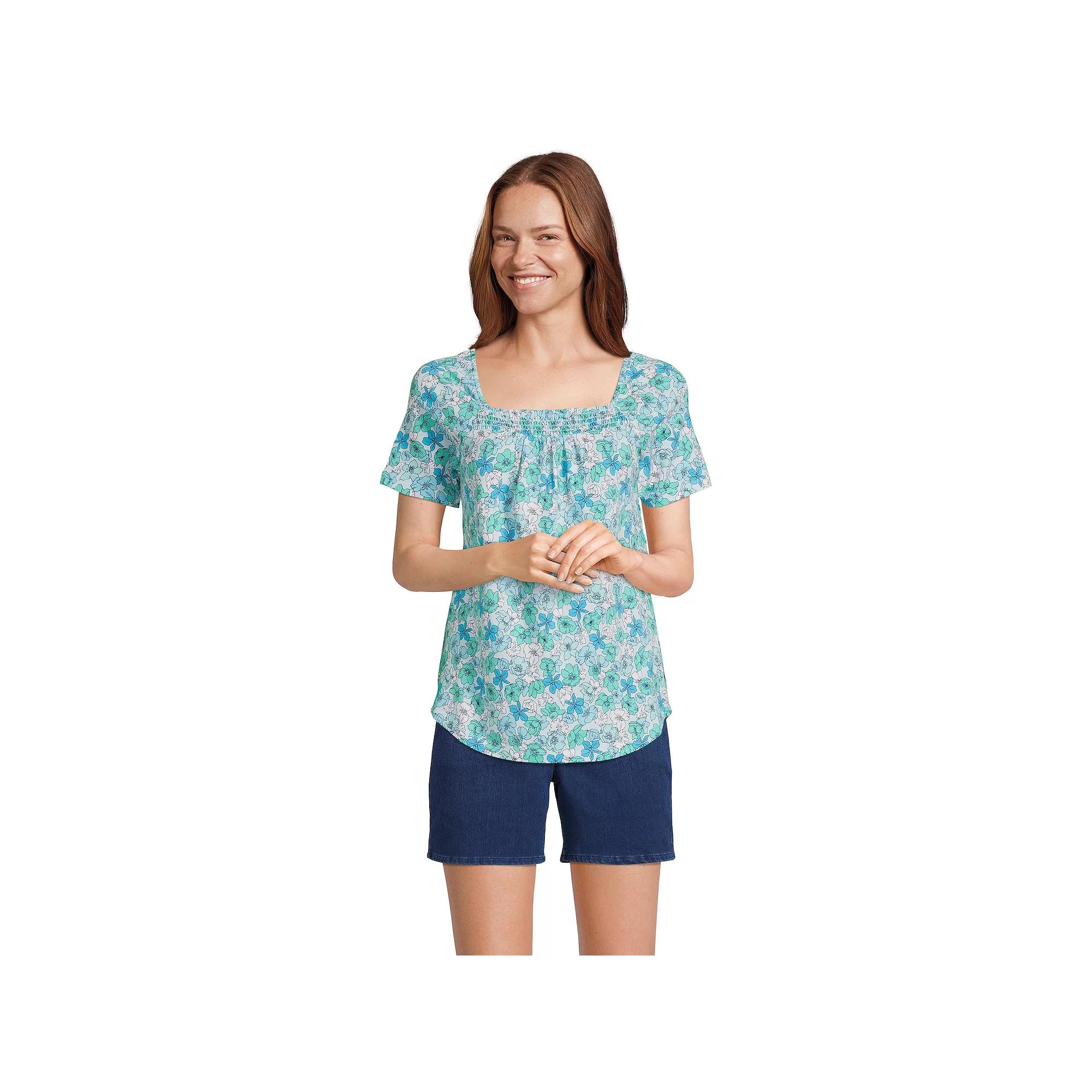 Women's Lands' End Smocked Square Neck Tee, Size: Medium, Blue Small Floral Product Image