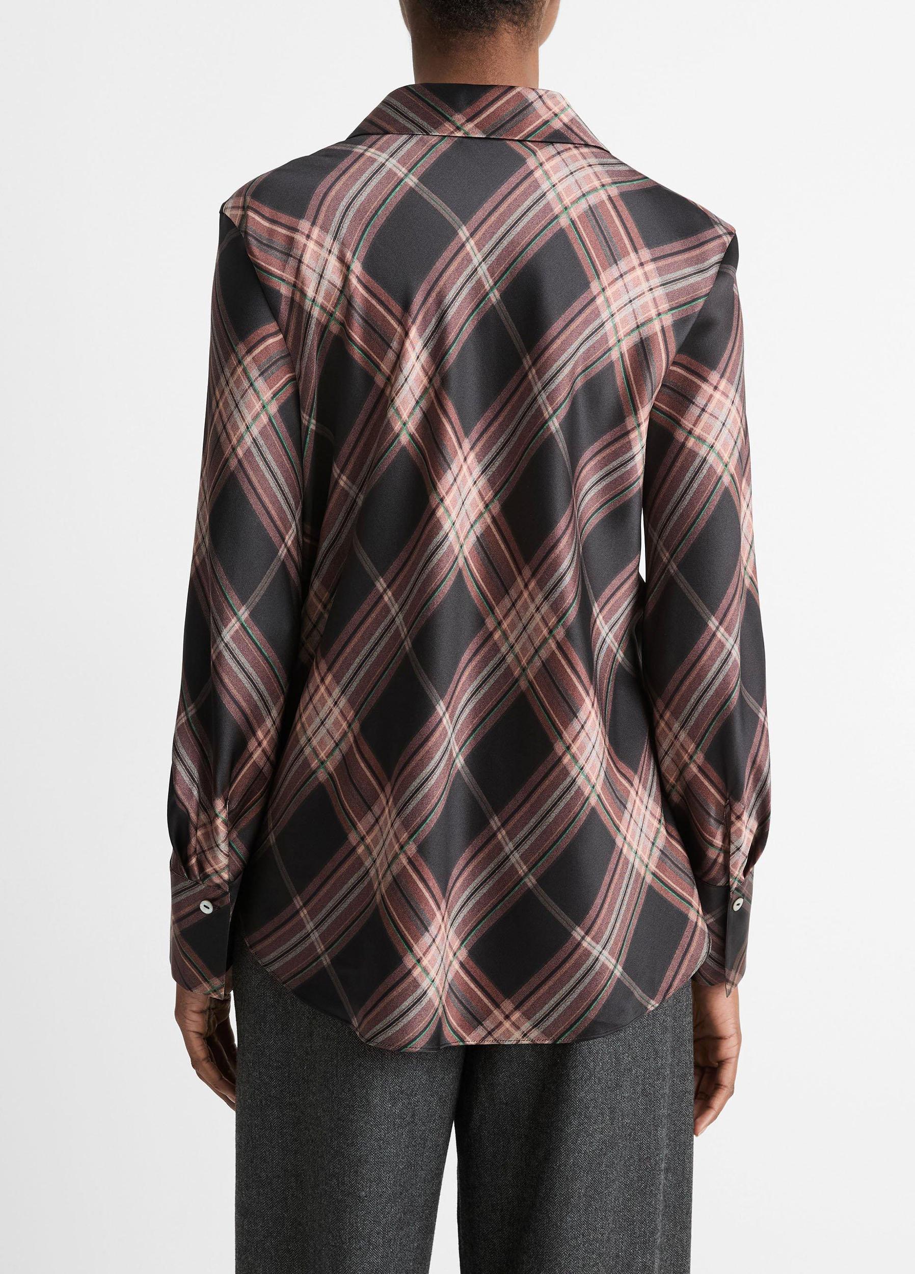Plaid Silk Bias Long-Sleeve Blouse Product Image
