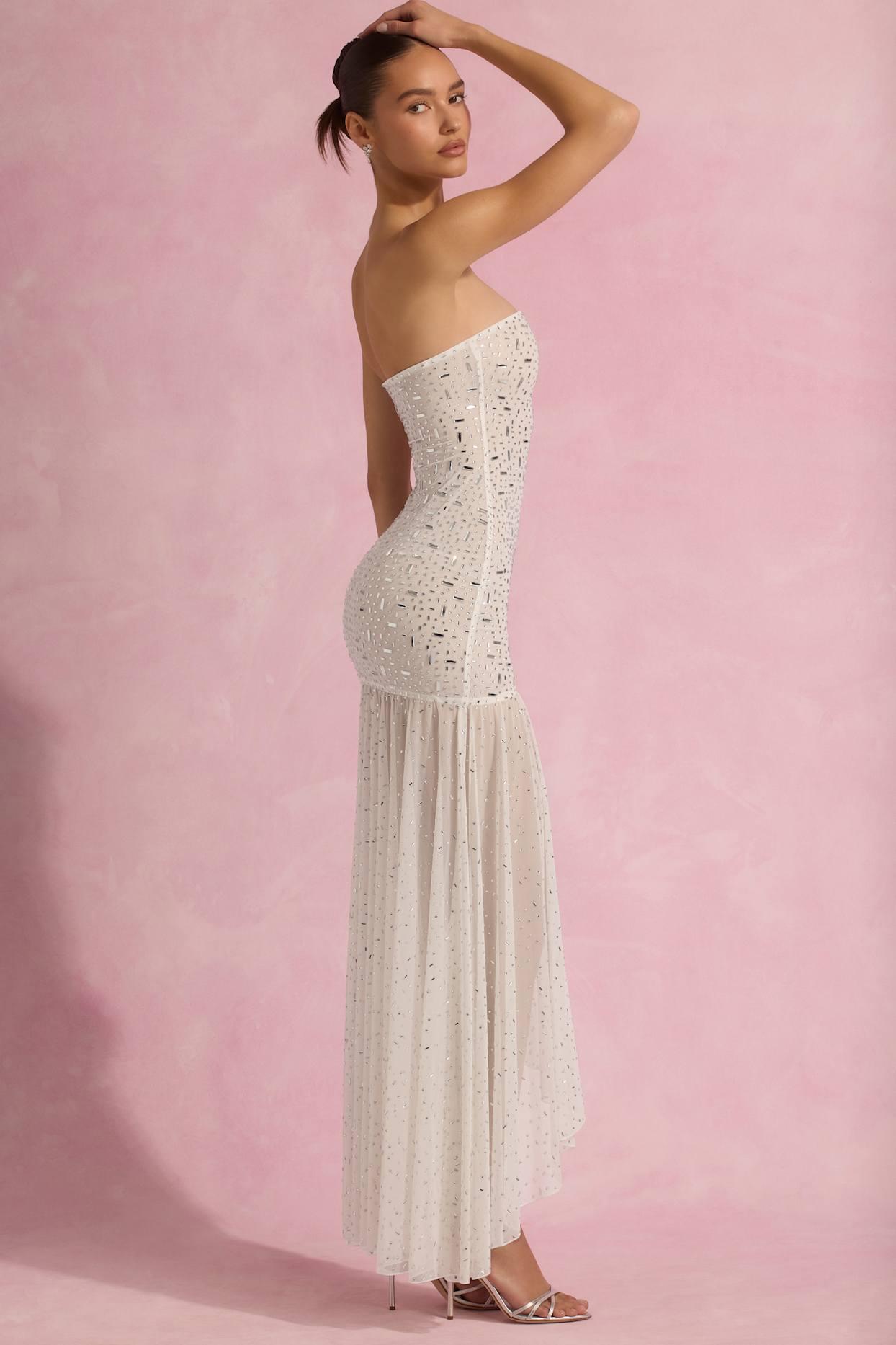 Semi-Sheer Embellished Asymmetric Maxi Dress in White Product Image