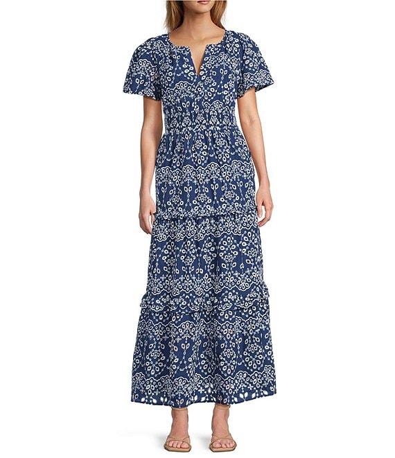 Sugarlips Viridiana Floral Eyelet Palmer V-Neck Short Sleeve Tiered Maxi Dress Product Image