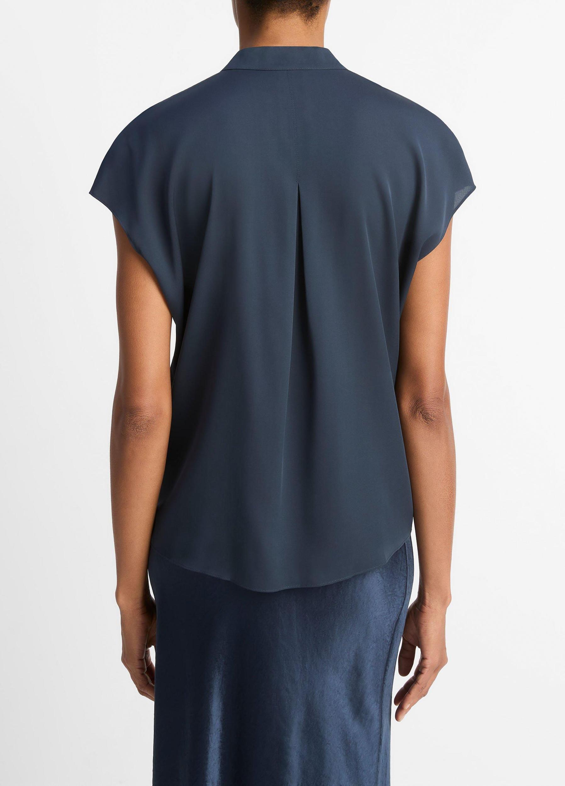 Contrast-Placket Stretch-Silk Cap-Sleeve Blouse Product Image