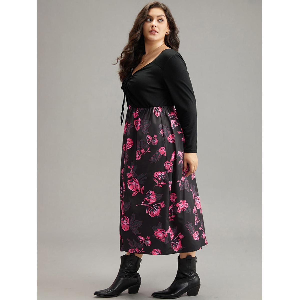 Plus Size Floral Patchwork Gathered Drawstring Dress Black Women Casual Gathered Tie Neck Long Sleeve Curvy Midi Dress BloomChic 10/M Product Image