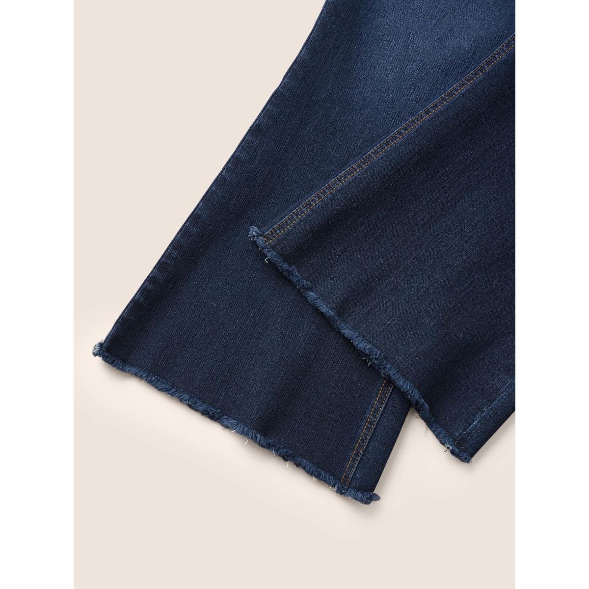 Plus Size Dark Wash Frayed Hem Cropped Bootcut Jeans Women Indigo Casual Plain Non High stretch Slanted pocket Jeans BloomChic 14/1X Product Image