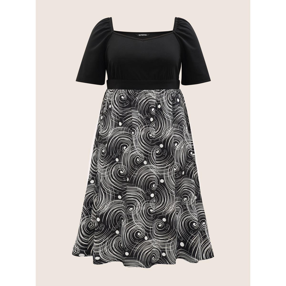 Plus Size Figurative Print Patchwork Pleated Square Neck Dress Black Women At the Office Gathered Square Neck Short sleeve Curvy Midi Dress BloomChic 14-16/1X Product Image