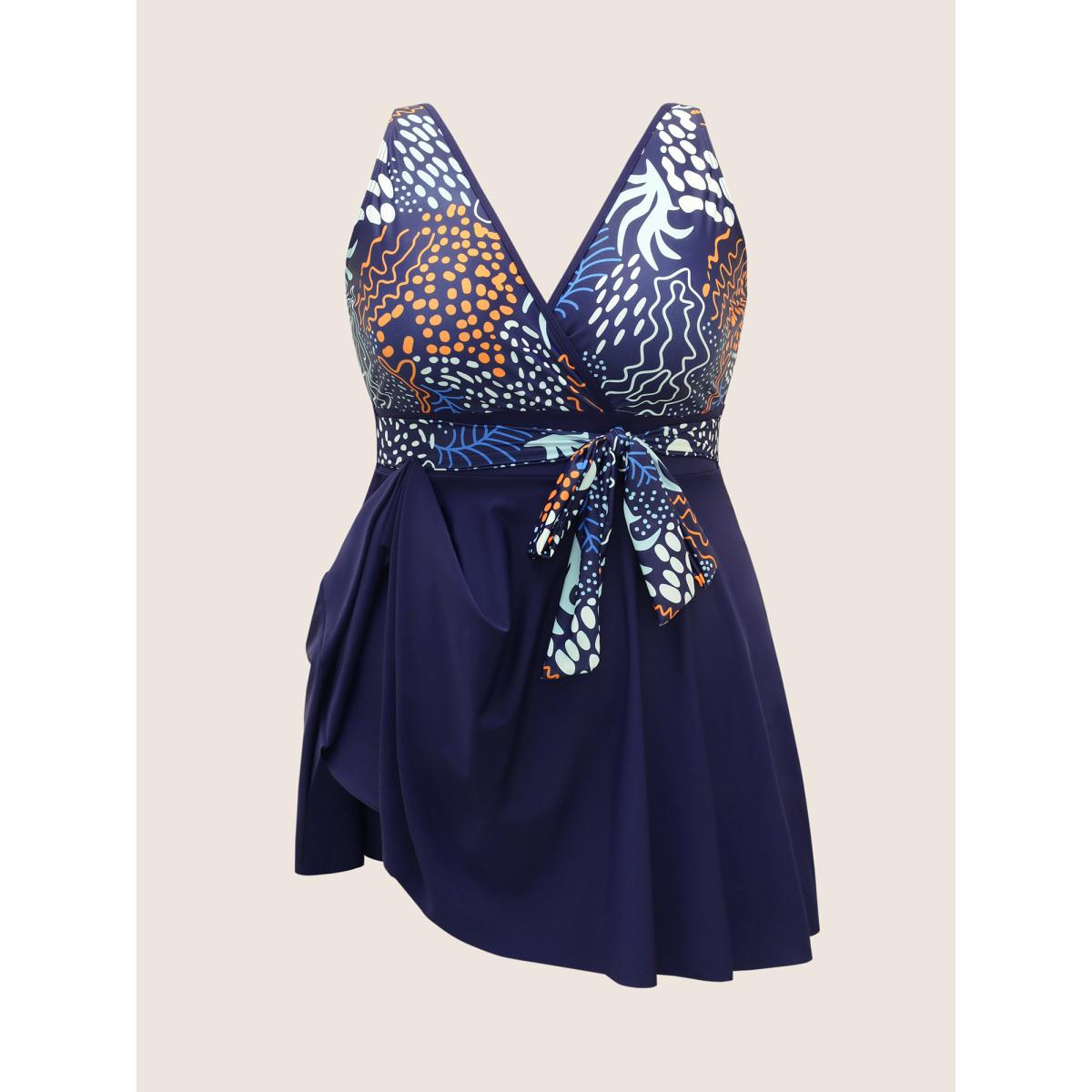 Plus Size Marine Elements Patchwork Tie Knot Swim Dress Women's Swimwear Indigo Beach Bodycon V-neck High stretch Curve Swim Dresses BloomChic 10/M Product Image