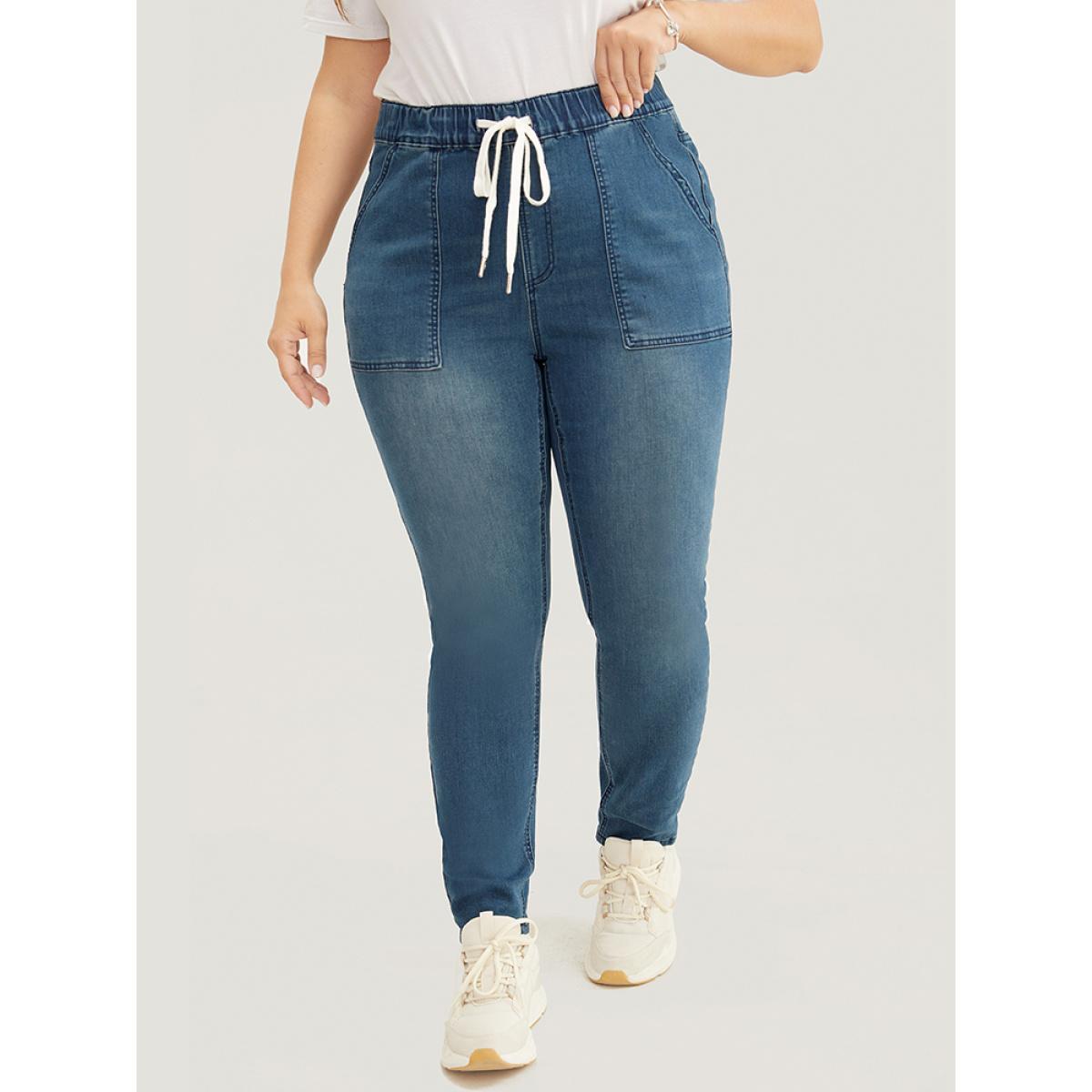 Plus Size Slightly Stretchy High Rise Dark Wash Drawstring Jeans Women DarkBlue Casual Plain Pocket Low stretch Pocket Jeans BloomChic 20/2X Product Image