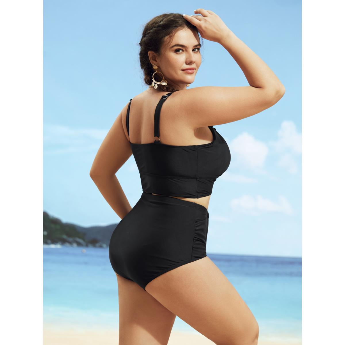 Plus Size V Neck Gathered Frill Trim Swim Top Women's Swimwear Black Beach Gathered High stretch Skinny V-neck Curve Swim Tops BloomChic 14-16/1X Product Image
