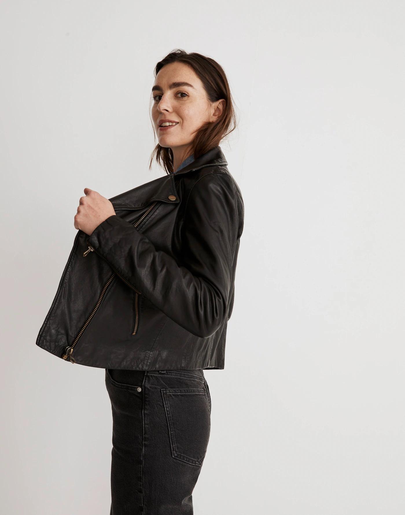 Washed Leather Motorcycle Jacket: Brass Hardware Edition Product Image