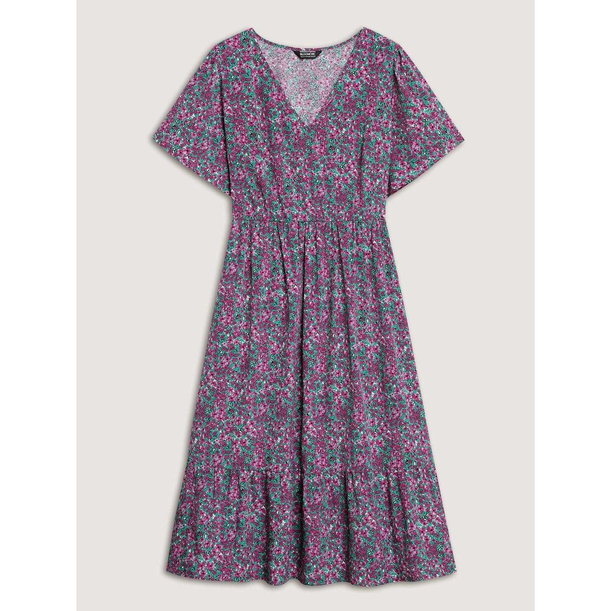 Plus Size Floral Print V-Neck Tiered Midi Dress DarkViolet Women V-neck Short sleeve Curvy BloomChic 12/L Product Image