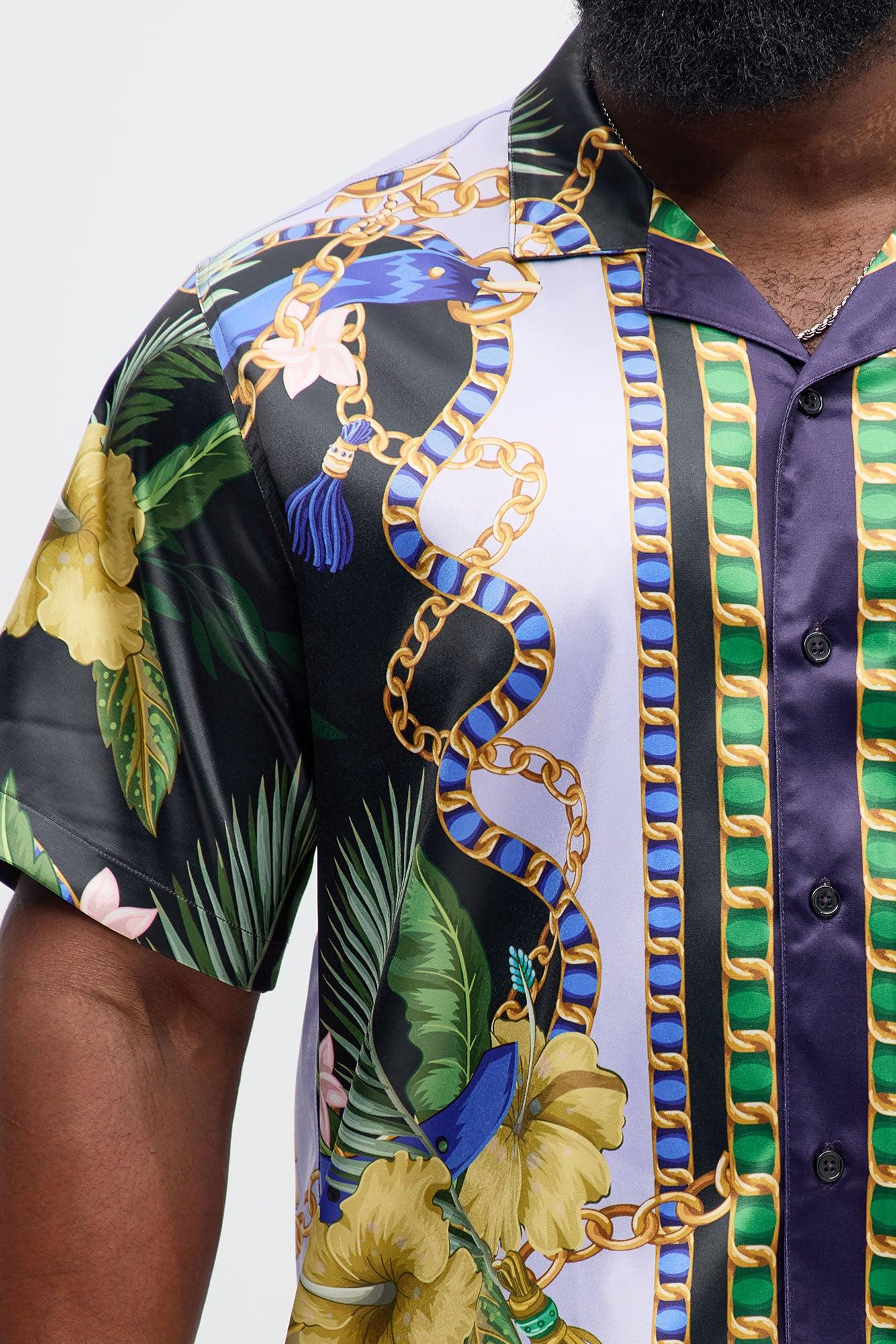 Baroque Floral Cuban Collar Button Up Shirt - Multi Color Product Image