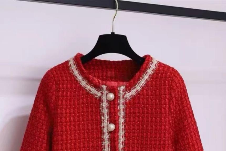 Puff-Sleeve High Neck Blouse / Tweed Faux Pearl Button-Up Jacket / High Waist Mini A-Line Skirt / Set Product Image