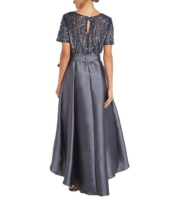 R & M Richards Scoop Neck Short Sleeve Embroidered Sequin High-Low Gown Product Image