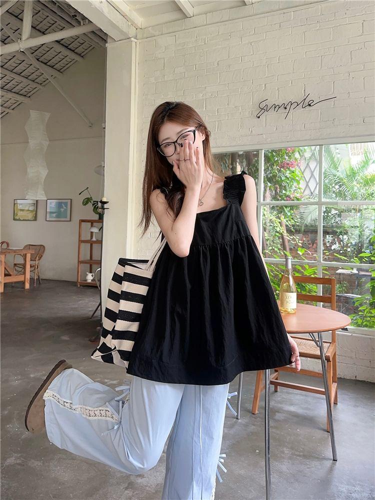 Square Neck Plain Camisole Top / Mid Rise Lace Trim Bow Wide Leg Pants Product Image