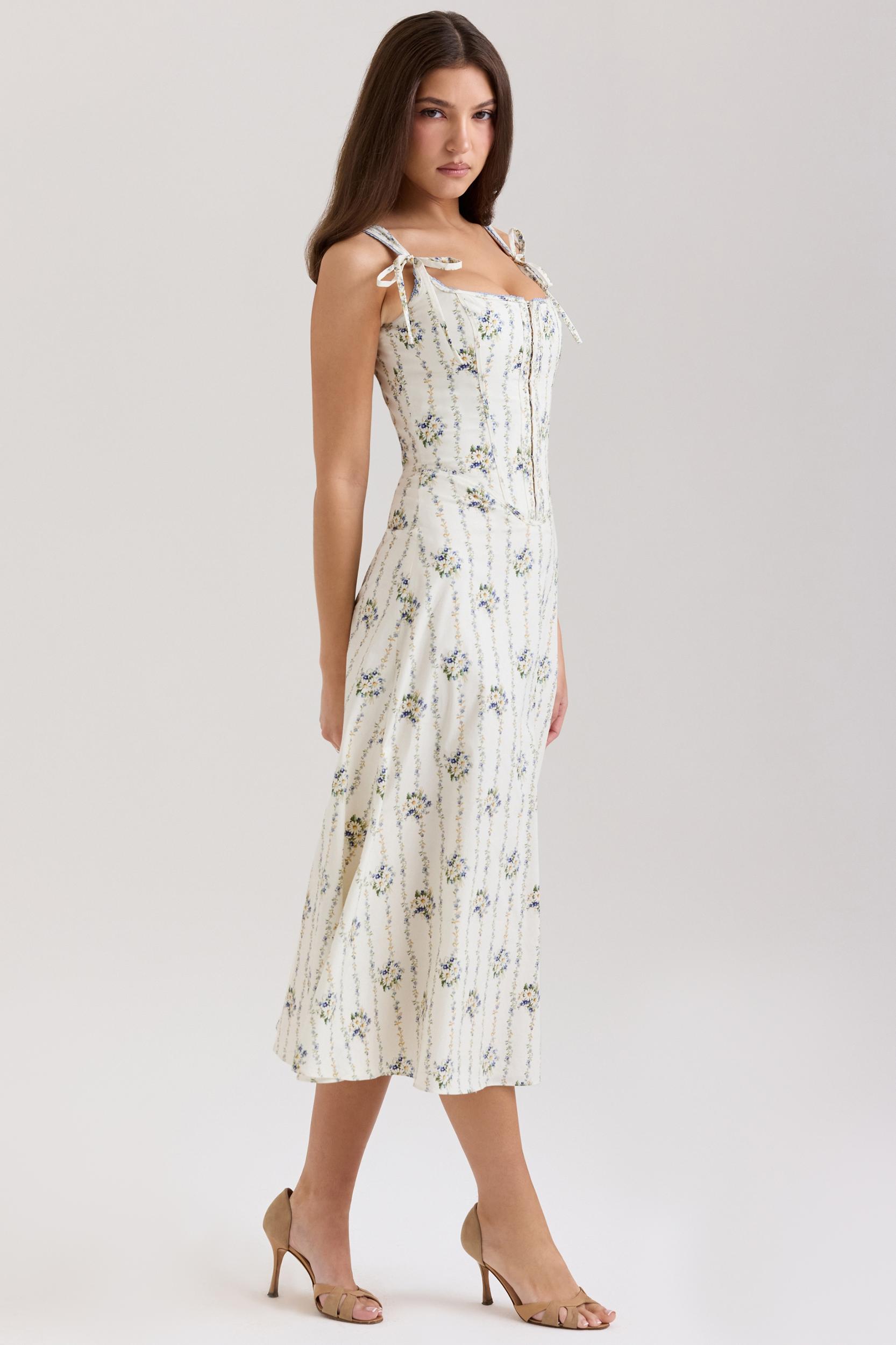 Dionne  cream daisy print stretch cotton midi dress Product Image