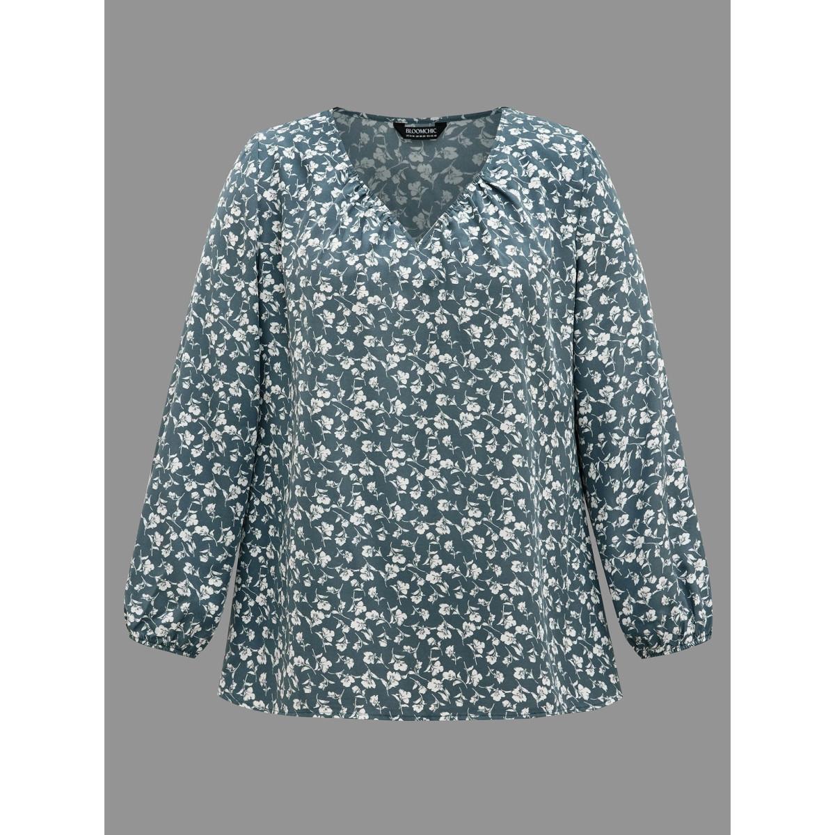 Plus Size DarkSlateGray V-Neck Floral Pleated Blouse Women Elegant Extra Long Sleeve V-neck Everyday Blouses BloomChic 28/5X Product Image