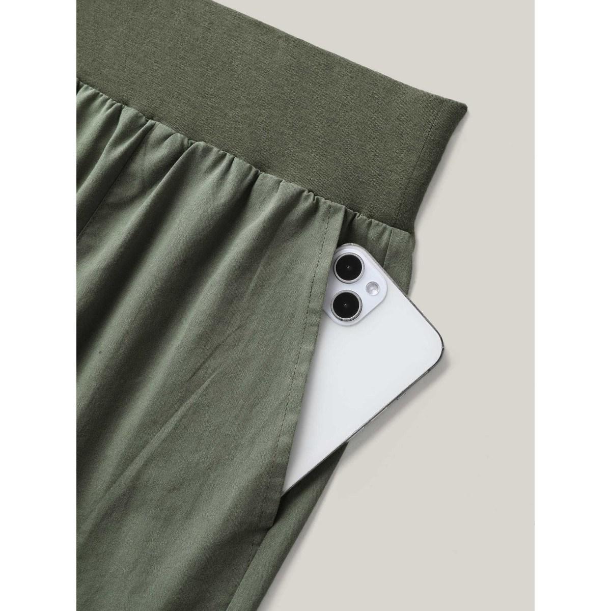 Plus Size Cotton Wide Waist Plain Shorts Women ArmyGreen Resort Slit Straight Leg Vacation Shorts BloomChic 26/4X Product Image