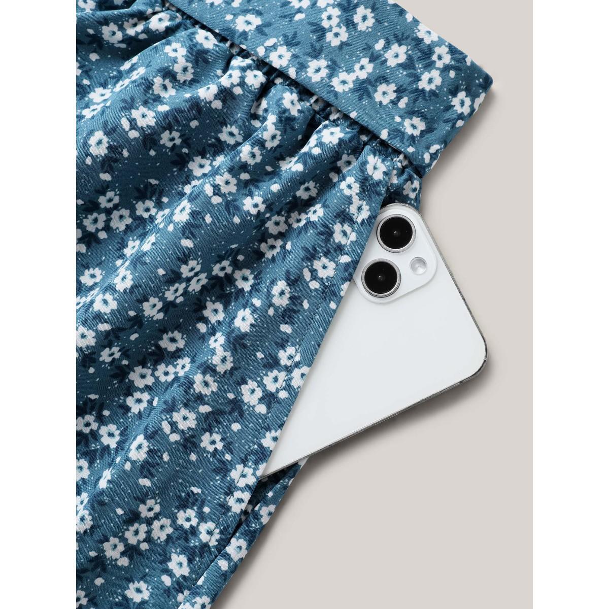 Plus Size Floral Print Belted Wide-Leg Pants Women Mediumblue Elegant Wide Leg Mid Rise Elegant Pants BloomChic 10/M Product Image