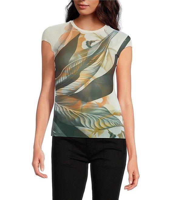 AFRM Nina Floral Leaf Printed Power Mesh Knit Crew Neck Short Sleeve Top Product Image