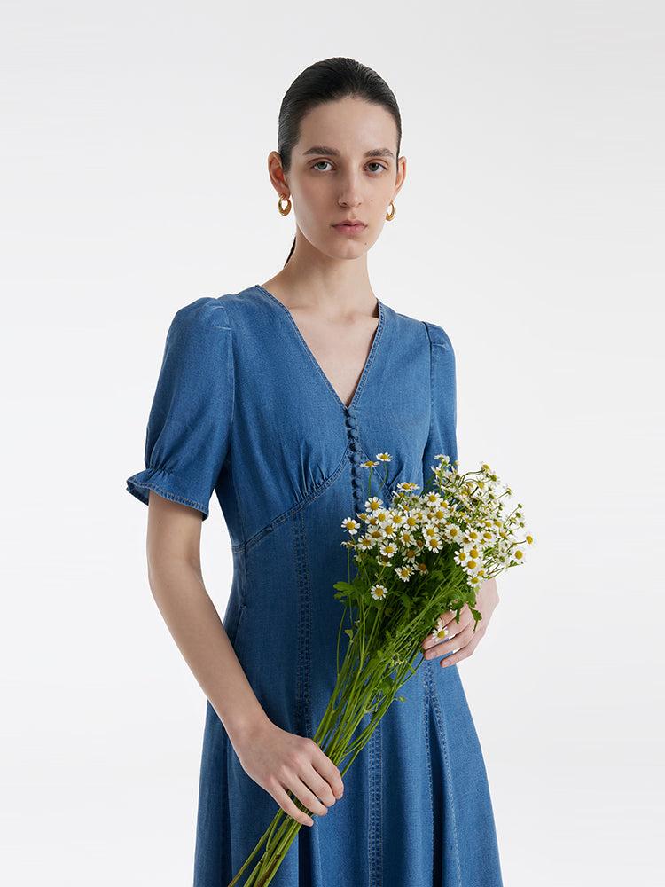Denim V-Neck Gathered Waist Women Midi Dress Product Image
