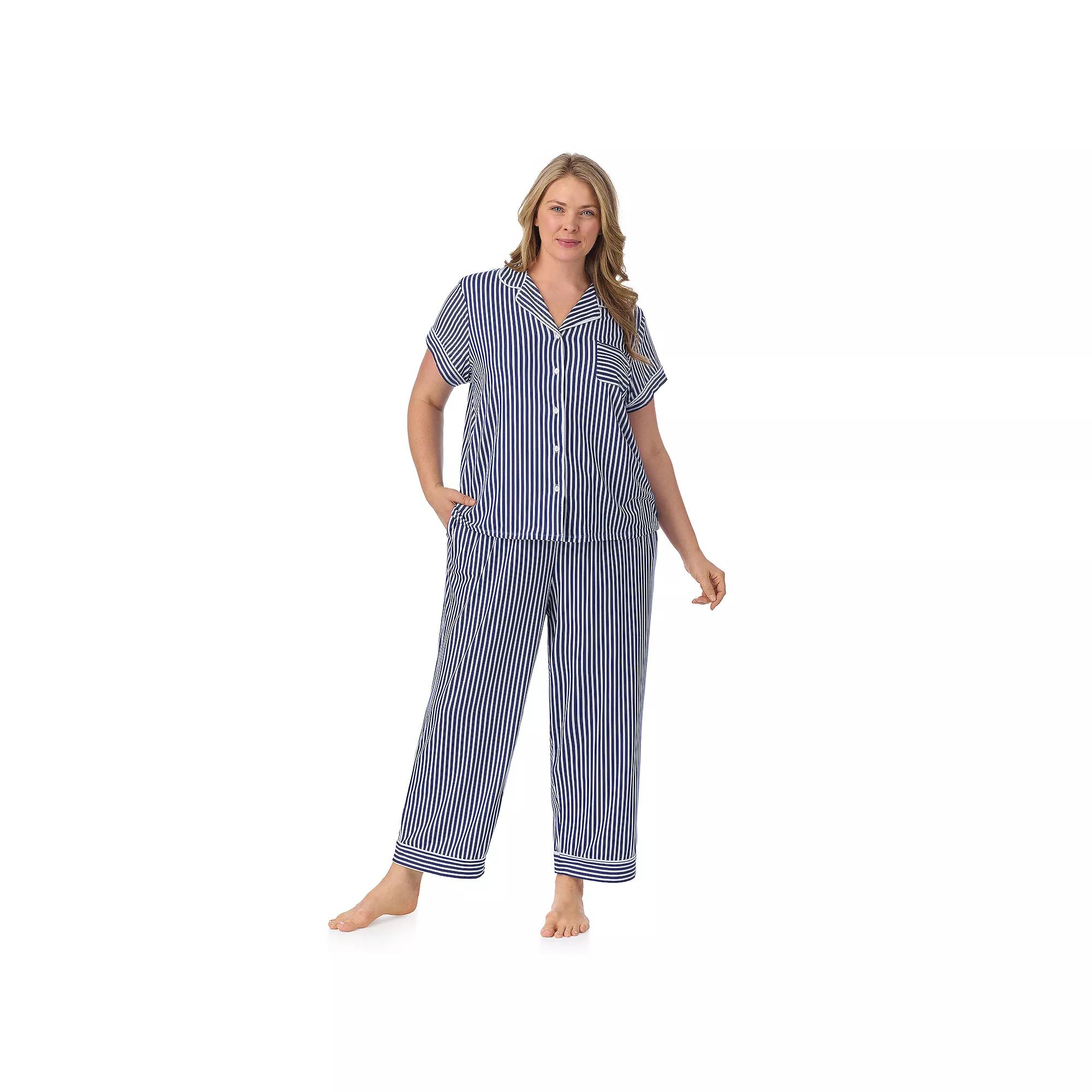Plus Size Draper James 2-Piece Printed Cozy Short Sleeve Notch Collar Pajama Top & Pajama Pants Set, Women's, Size: 1XL, Blue Stripe Product Image