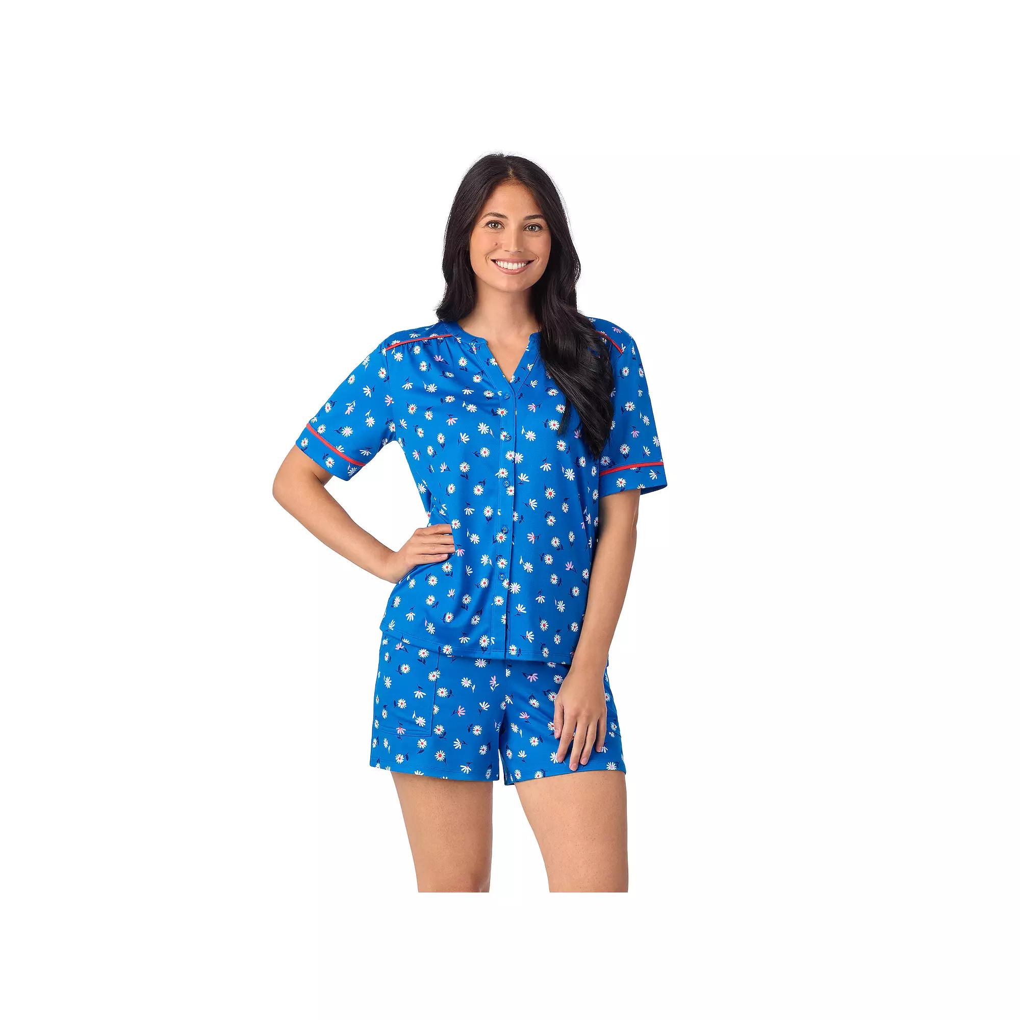 Women's Cuddl Duds® Short Sleeve Split Neck Pajama Top and Pajama Shorts Set, Size: XS, Blue Daisy Product Image
