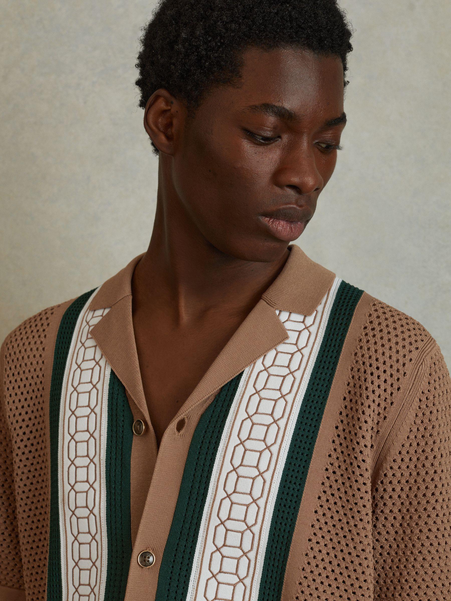 Embroidered Cuban Collar Shirt in Camel/Green Product Image