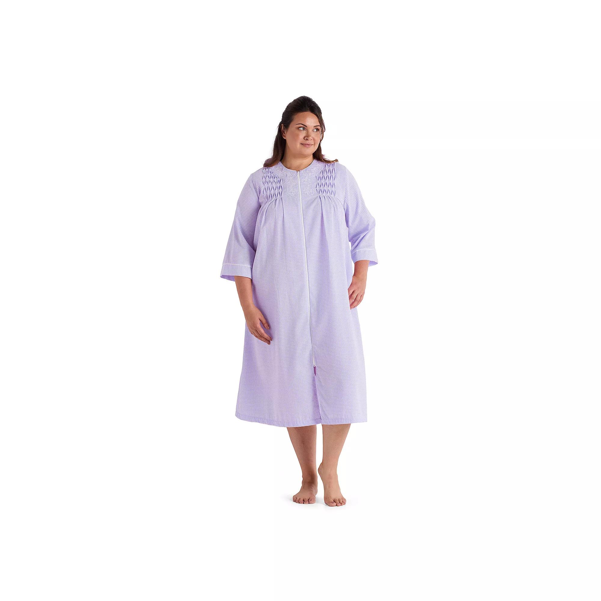 Plus Size Miss Elaine Essentials Seersucker Long Zip Robe, Women's, Size: 2XL, Purple White Check Product Image