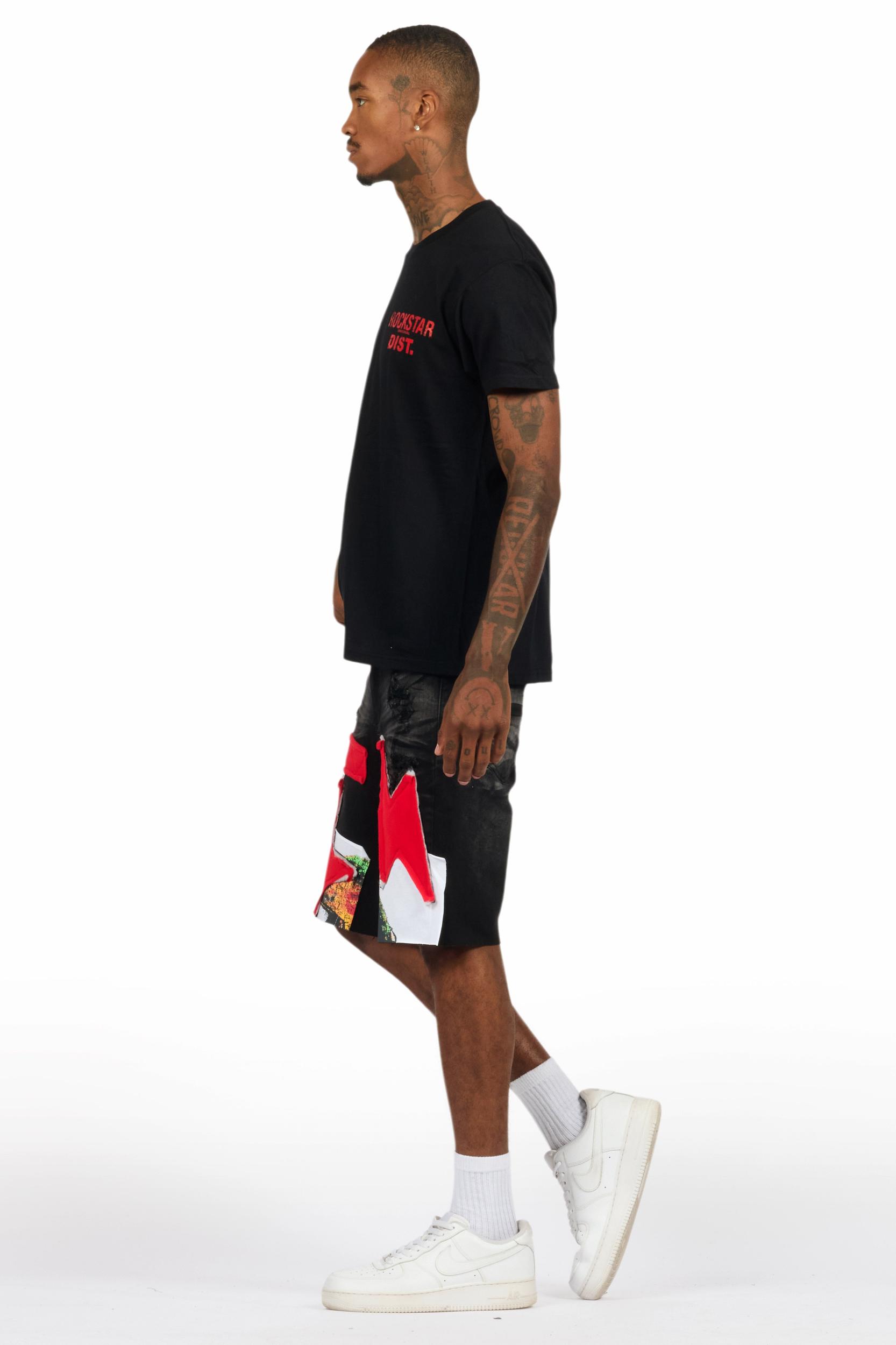 Akos Black/Red T-Shirt/Denim Short Set Male Product Image
