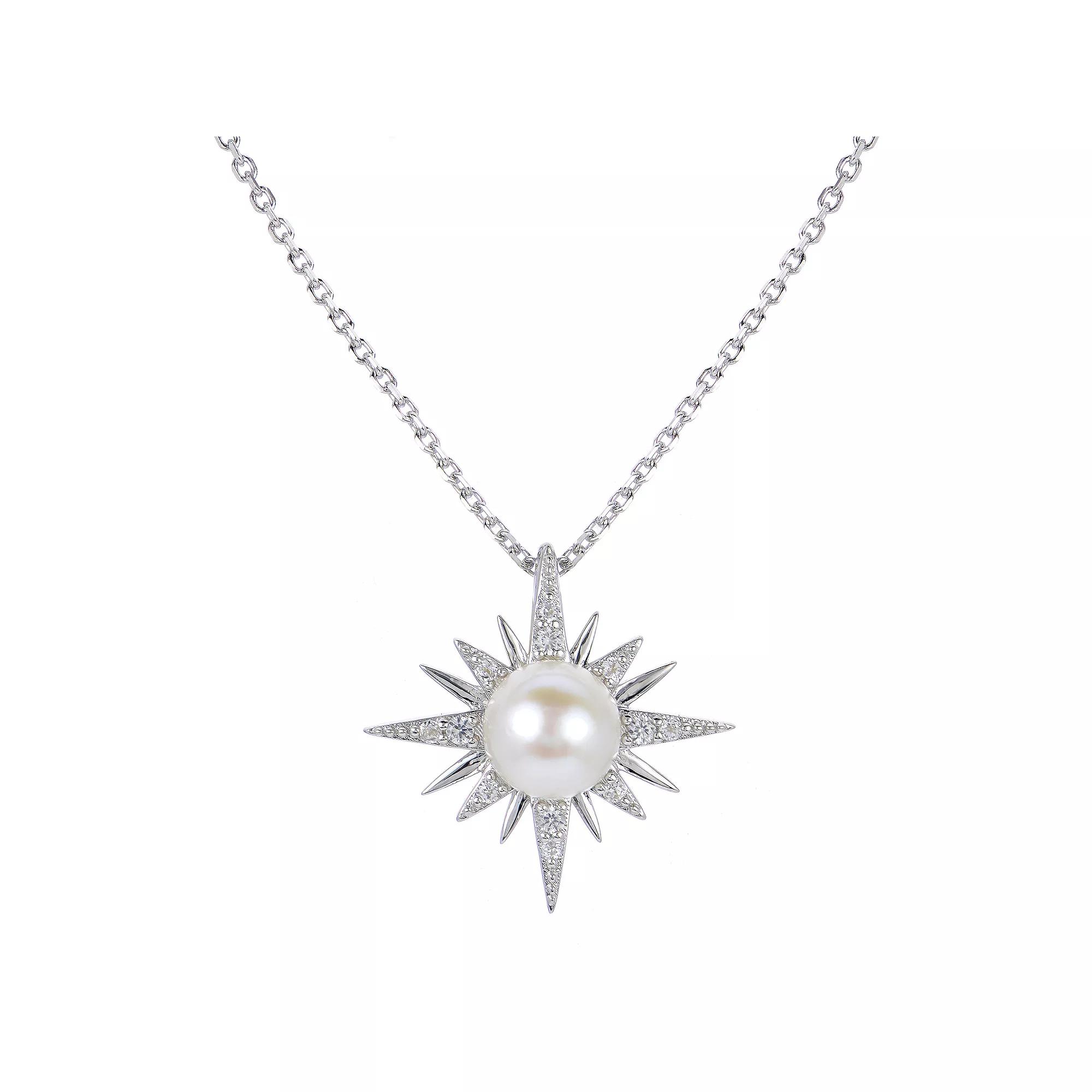 PearLustre by Imperial Sterling Silver Freshwater Cultured Pearl & Lab-Created White Sapphire Celestial Pendant Necklace, Women's, Size: 18" Product Image