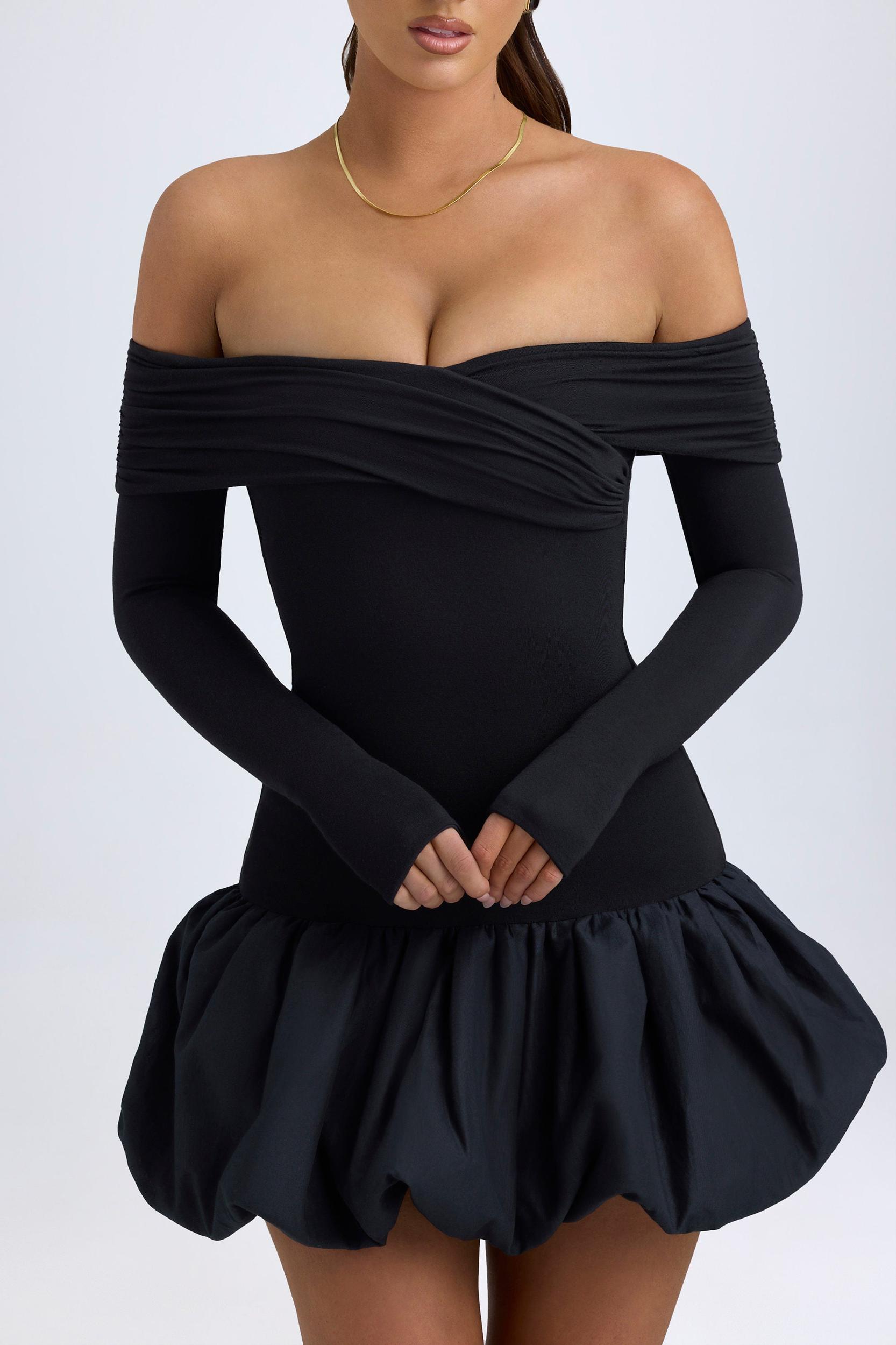 Modal Off-Shoulder Bubble Hem Mini Dress in Black Product Image