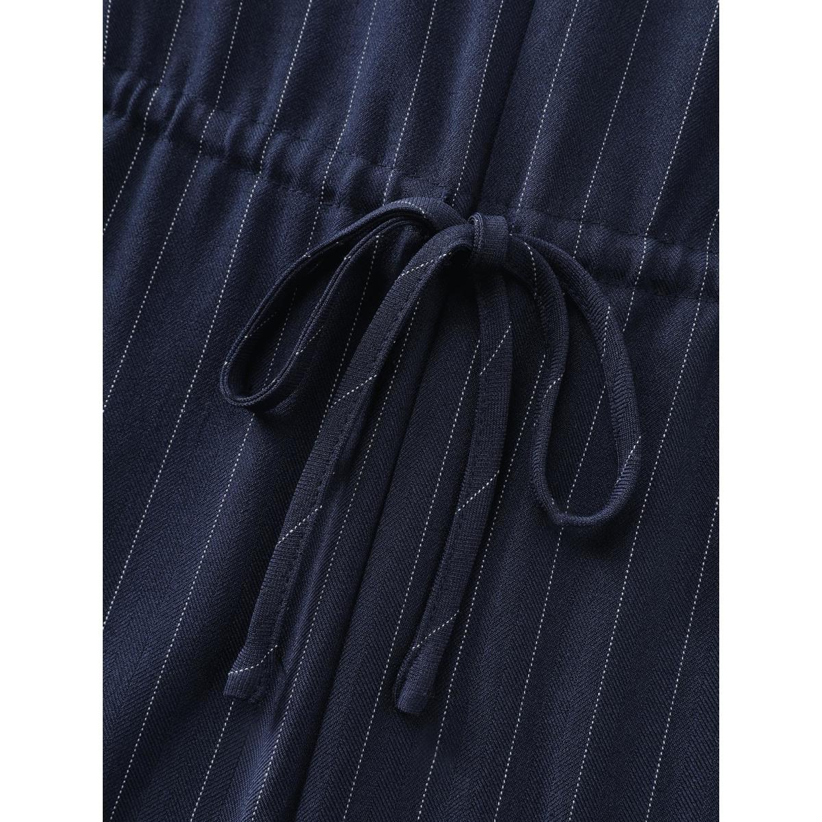 Plus Size Indigo Striped Waist-Tie Button-Down Blouse Women Office Extra Long Sleeve Shirt collar Office Blouses BloomChic 30/6X Product Image