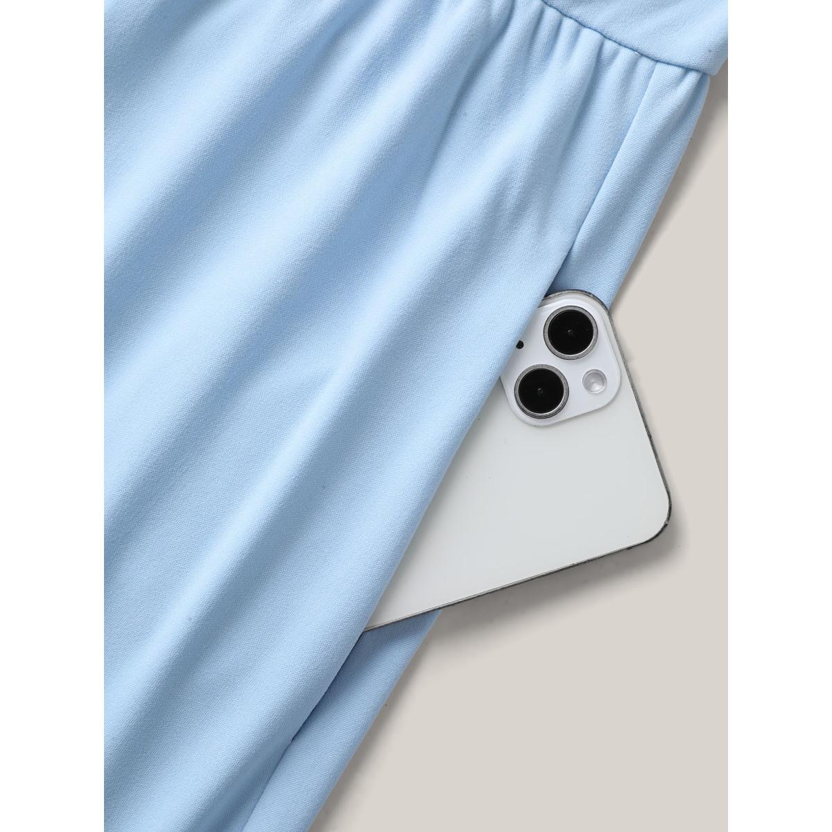 Plus Size Zipper Stretchy Cinched-Waist Pockets Midi Dress LightBlue Women Round Neck Short sleeve Curvy BloomChic 22-24/3X Product Image