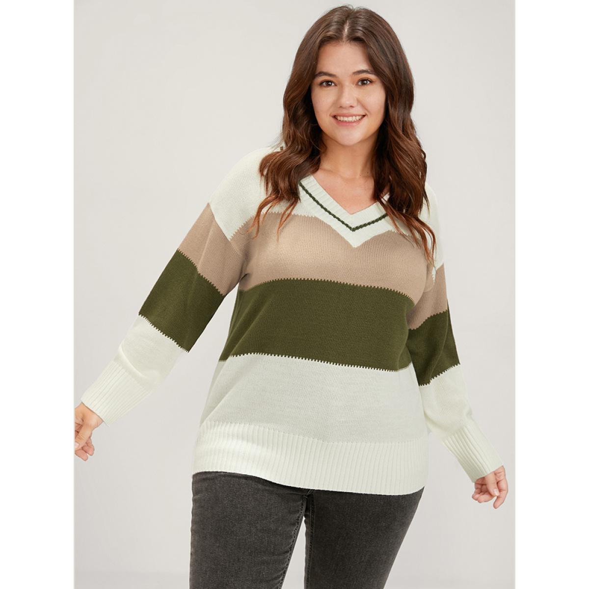 Plus Size Colorblock Contrast Pointelle Knit V Neck Knit Top Multicolor Women Casual Long Sleeve V-neck Dailywear Pullovers BloomChic 30/6X Product Image