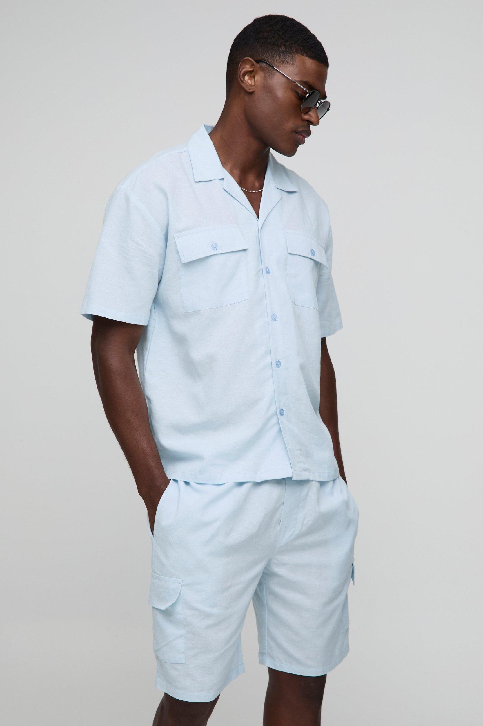 Oversized Linen Blend Cargo Pocket Shirt & Short Set | boohooMAN USA Product Image