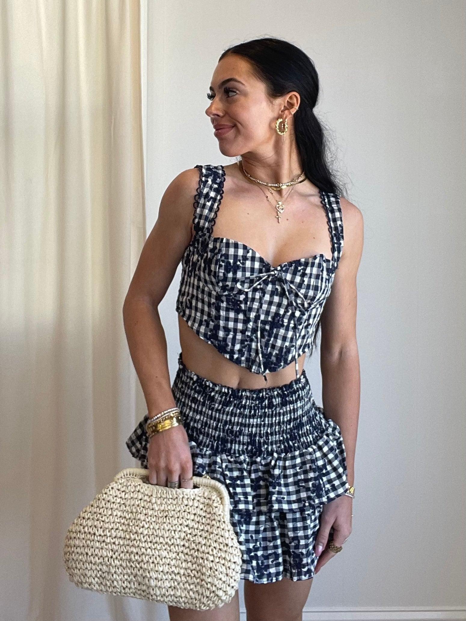 FINAL SALE Gwen Gingham Floral Corset Tank Top | Navy Product Image