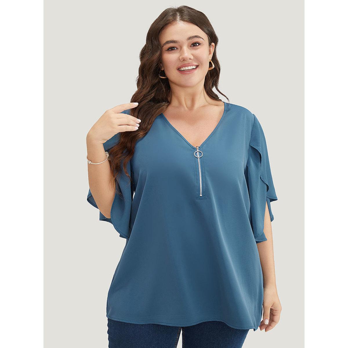 Plus Size Cerulean Solid Half Zipper Split Petal Sleeve Blouse Women Office Half Sleeve V-neck Work Blouses BloomChic 14-16/1X Product Image