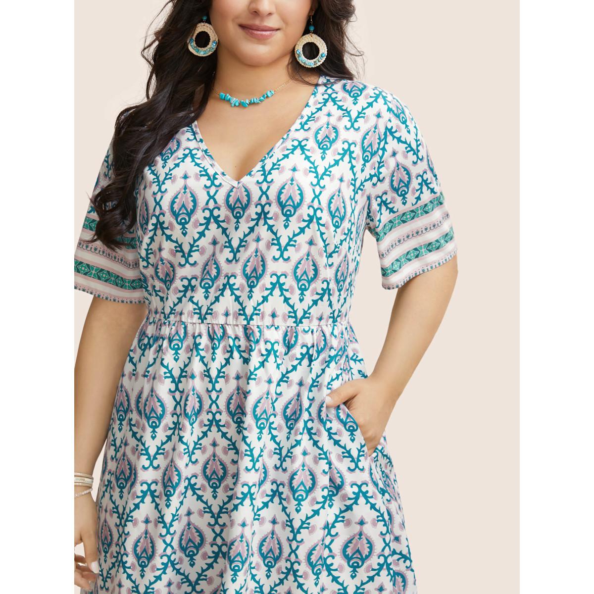 Plus Size V Neck Boho Print Ruffle Sleeve Midi Dress Turquoise Women Resort Non V-neck Short sleeve Curvy BloomChic 18-20/2X Product Image