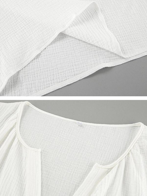 Loose Puff Sleeves Pleated Solid Color Split-Joint V-Neck Blouses&Shirts Tops Product Image