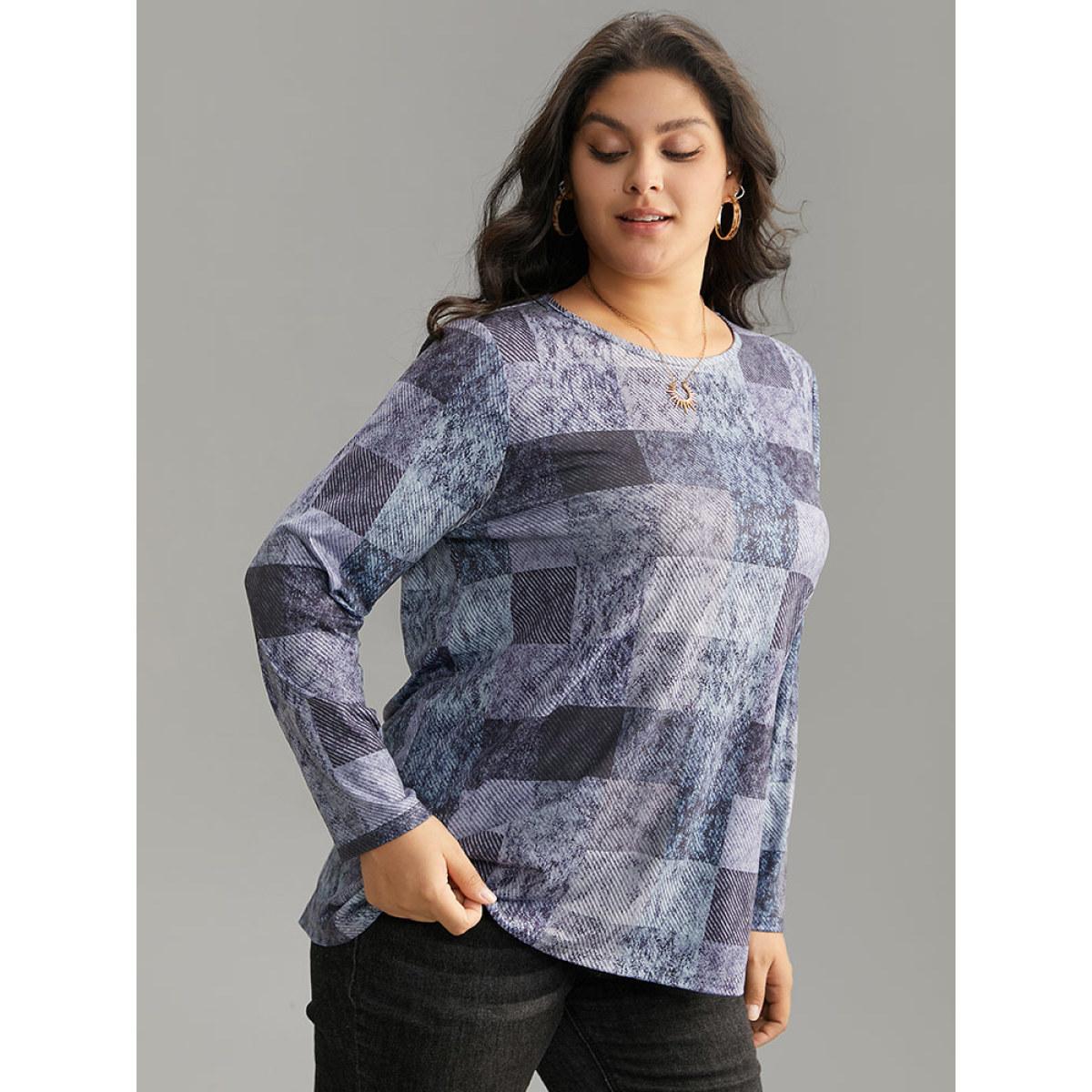 Plus Size Colorblock Contrast Plaid Round Neck T-shirt Aegean Women Casual Contrast Plaid Round Neck Dailywear T-shirts BloomChic 22-24/3X Product Image