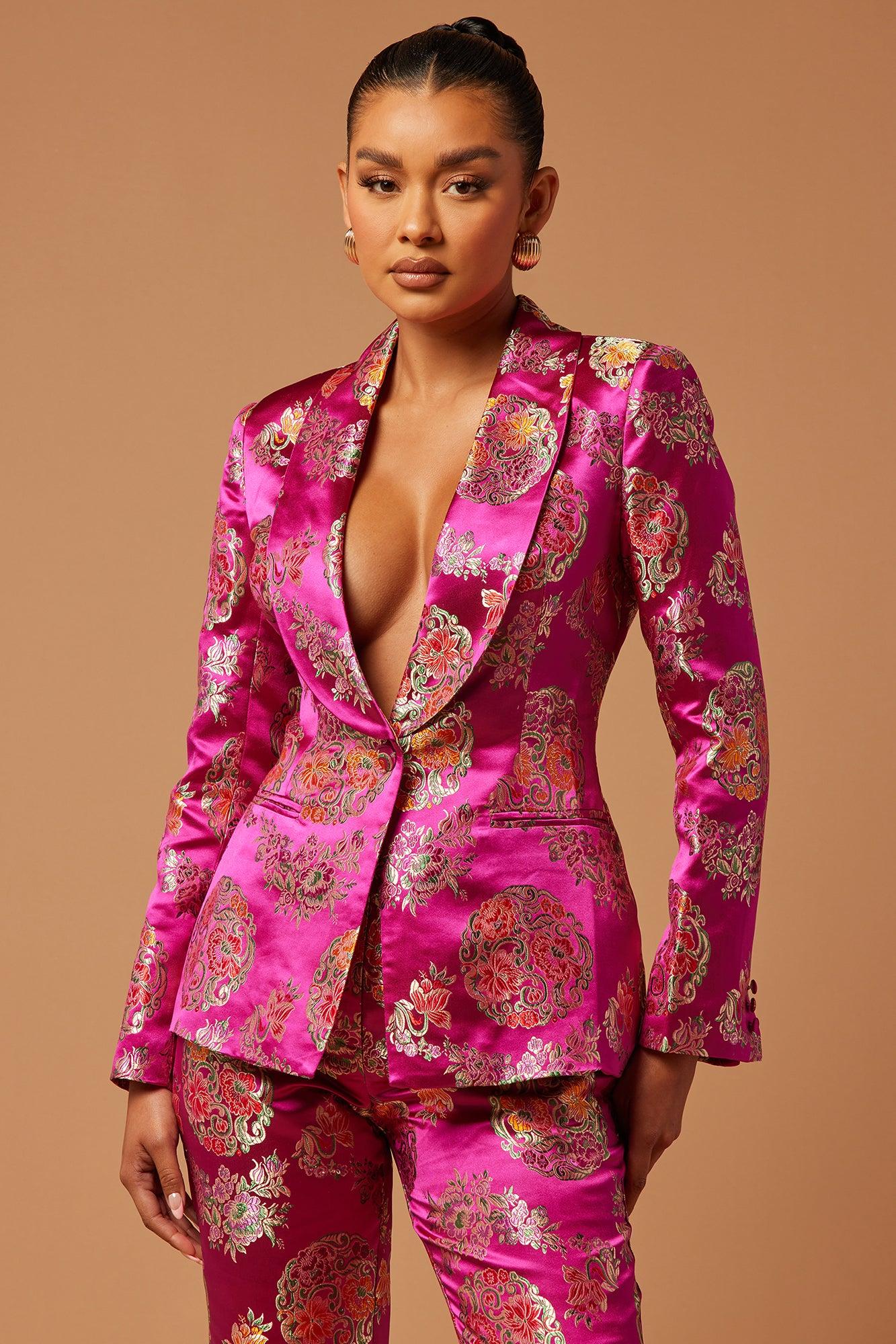 Margo Satin Embroidered Blazer Suit Set - Fuchsia Product Image