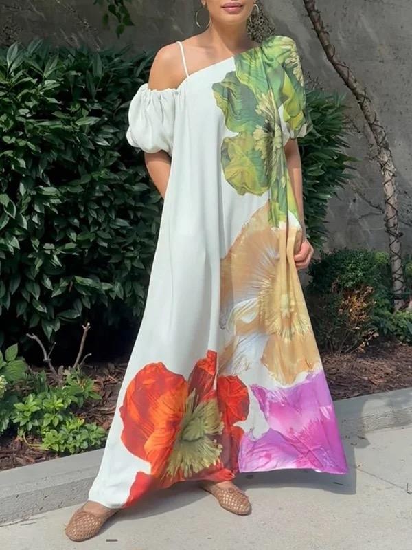 A-Line Loose Elasticity Flower Print One-Shoulder Maxi Dresses Product Image